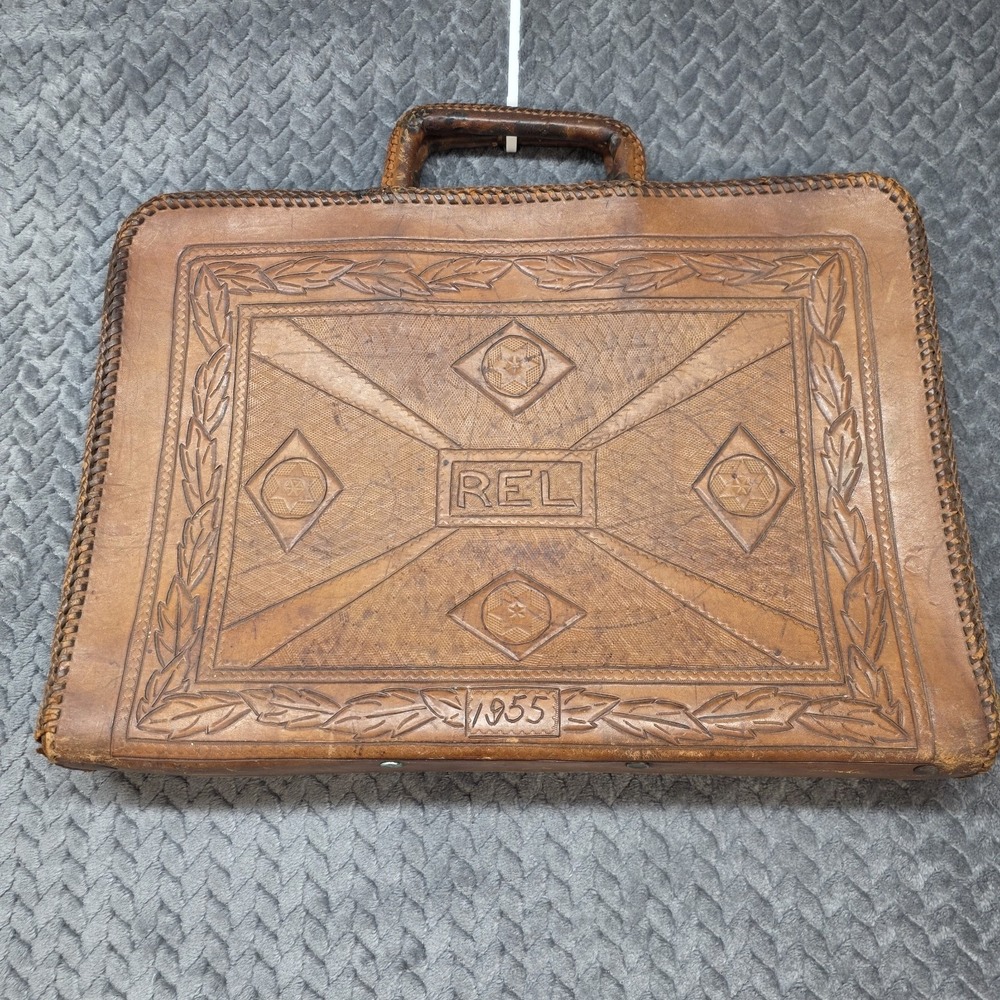 Vintage 1955 Hand Tooled Leather Briefcase Western Portfolio REL Monogram Laced